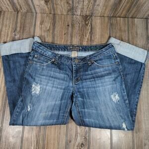 Arizona Women Jeans Denim Cuffed Crop Capris Distressed Low Rise Sz 11 Recycled